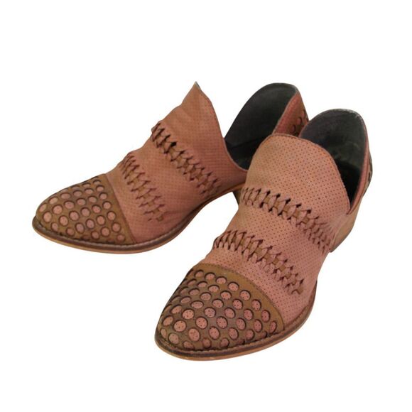 Rebels PERFORATED BROWN REAL LEATHER ROUND TOE LOW HEEL SLIP ON LOAFER SHOES 8M - Picture 3 of 10
